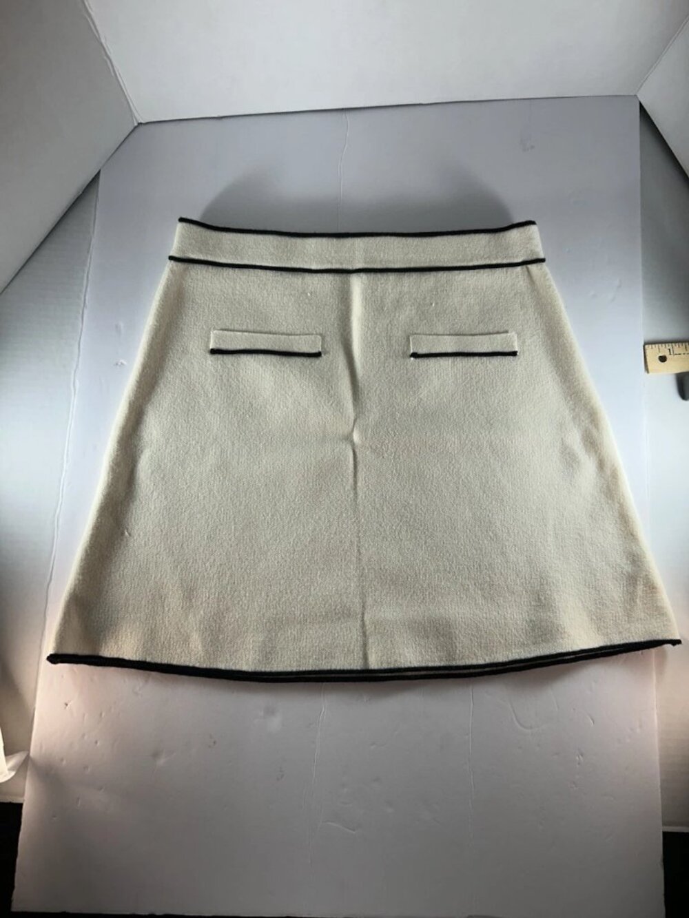 OAK + FORT Ivory/Black Knit A-Line Mini Skirt Contrast Trim Lined Pockets S/P